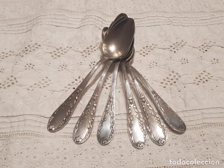 Antig&uuml;edades: 6 cucharas postre ba&ntilde;o plata selladas - Foto 1