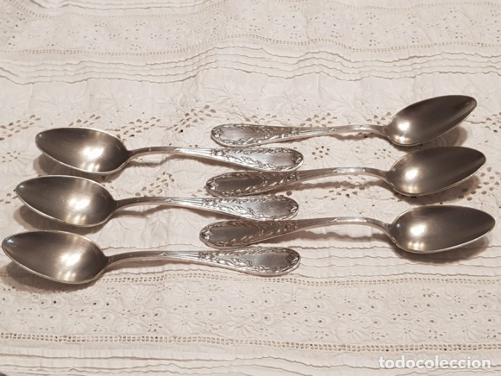 Antig&uuml;edades: 6 cucharas postre ba&ntilde;o plata selladas - Foto 4