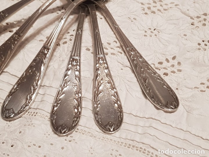 Antig&uuml;edades: 6 cucharas postre ba&ntilde;o plata selladas - Foto 5