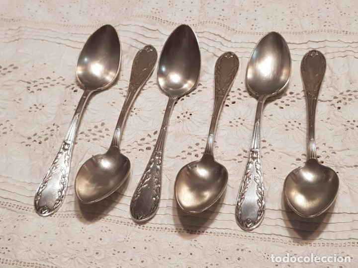 Antig&uuml;edades: 6 cucharas postre ba&ntilde;o plata selladas - Foto 6