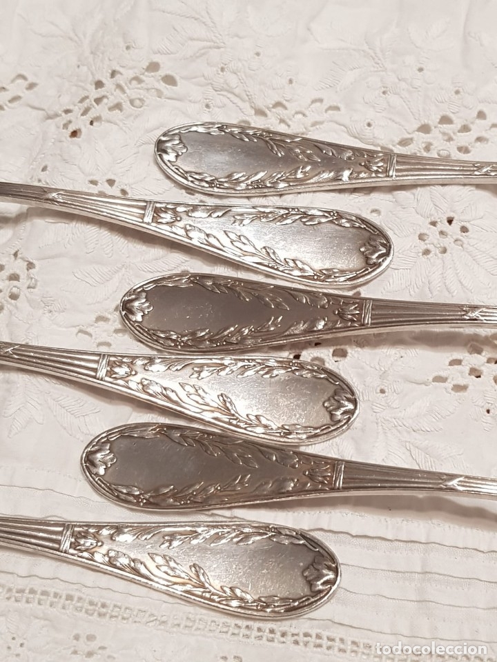 Antig&uuml;edades: 6 cucharas postre ba&ntilde;o plata selladas - Foto 7