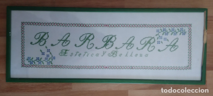 Antiquit&eacute;s: ANTIGUO CUADRO BORDADO PUNTO DE CRUZ: BARBARA ESTETICA Y BELLEZA, MIDE 68 X 26 CM