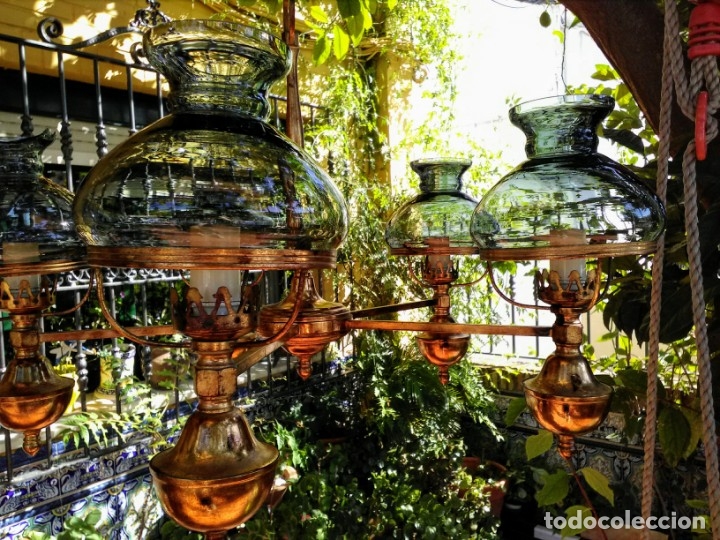 Antig&uuml;edades: L&aacute;mpara antigua de bronce y vidrio - Foto 3