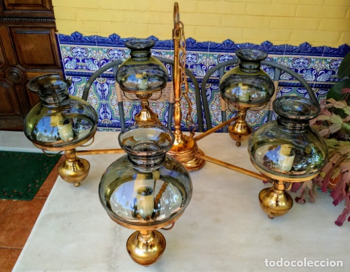 Antig&uuml;edades: L&aacute;mpara antigua de bronce y vidrio - Foto 4