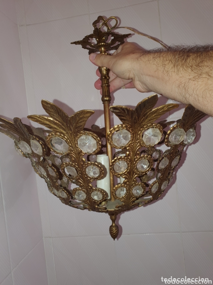 Antigüedades: PRECIOSA Y ANTIGUA LAMPARA DE METAL Y CRISTAL PARA TECHO - Foto 9 - 167167797