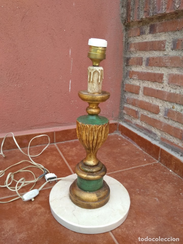 Antig&uuml;edades: PI&Eacute; DE L&Aacute;MPARA SOBREMESA EN MADERA POLICROMADA Y M&Aacute;RMOL - ANTIGUO - Foto 2