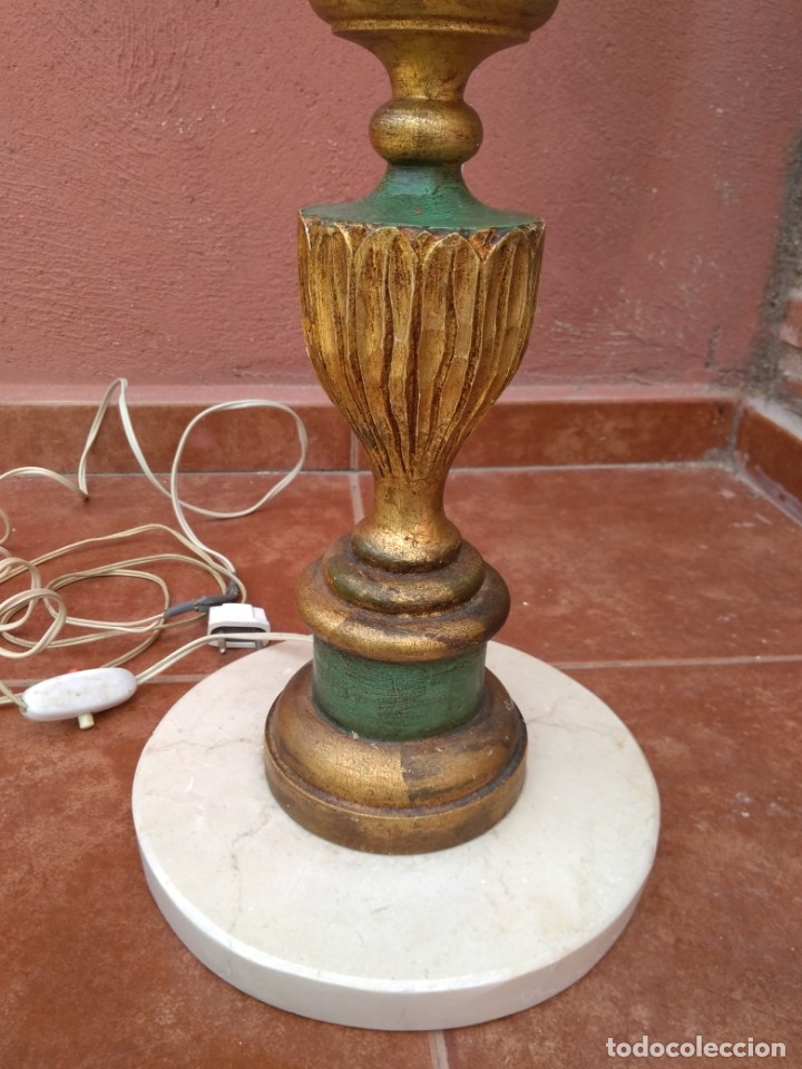 Antig&uuml;edades: PI&Eacute; DE L&Aacute;MPARA SOBREMESA EN MADERA POLICROMADA Y M&Aacute;RMOL - ANTIGUO - Foto 3