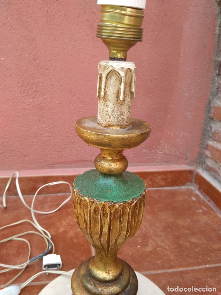 Antig&uuml;edades: PI&Eacute; DE L&Aacute;MPARA SOBREMESA EN MADERA POLICROMADA Y M&Aacute;RMOL - ANTIGUO - Foto 4