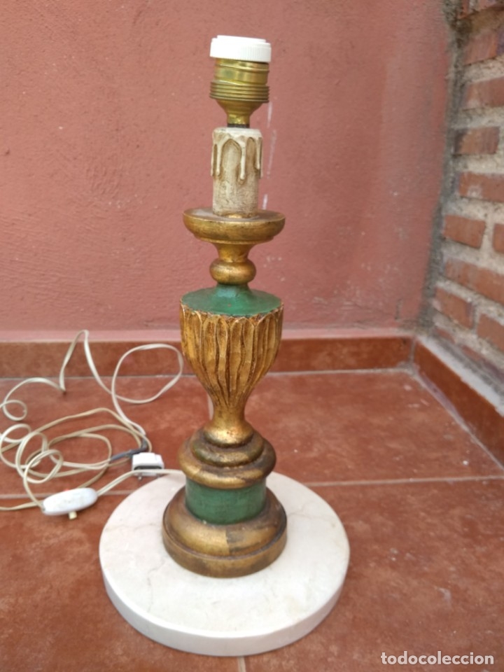 Antig&uuml;edades: PI&Eacute; DE L&Aacute;MPARA SOBREMESA EN MADERA POLICROMADA Y M&Aacute;RMOL - ANTIGUO - Foto 5