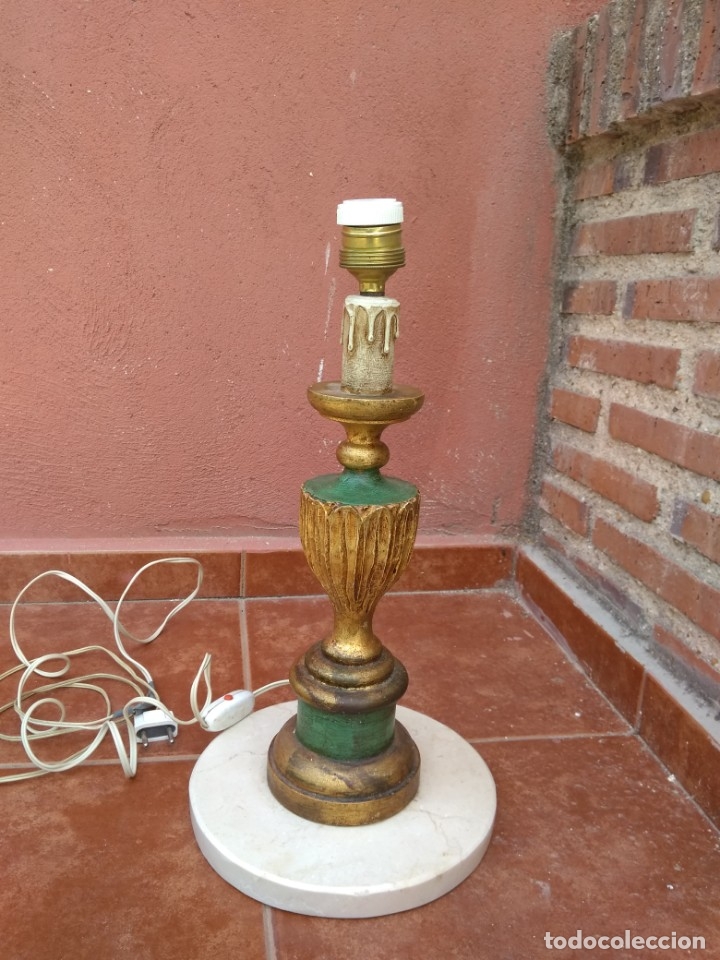 Antig&uuml;edades: PI&Eacute; DE L&Aacute;MPARA SOBREMESA EN MADERA POLICROMADA Y M&Aacute;RMOL - ANTIGUO - Foto 6