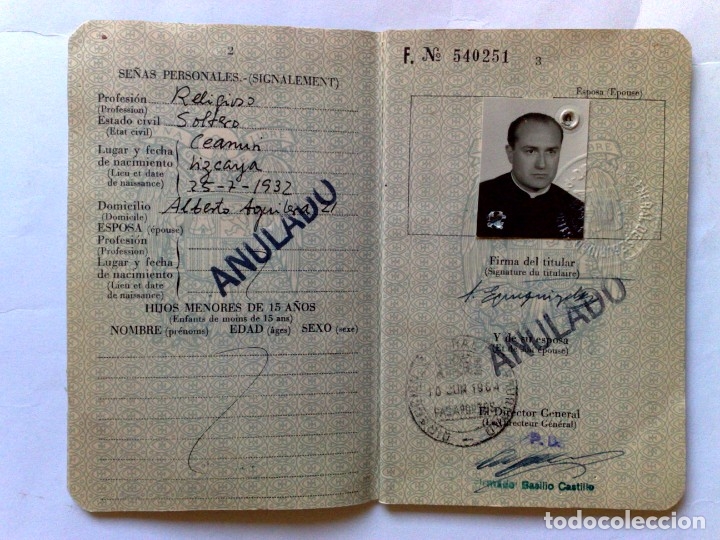 Antig&uuml;edades: PASAPORTE ESPA&Ntilde;A DE UN RELIGIOSO DE VIZCAYA (COMPL.32 PAG) EXP.1964,MUCHOS VISADOS(DESCRIPCI&Oacute;N+FOTOS
