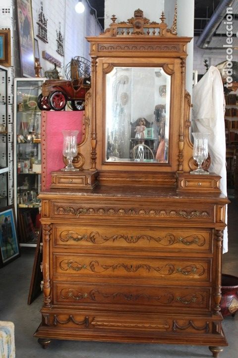 Antig&uuml;edades: C&oacute;moda con espejo realizada en Roble , siglo XIX. - Foto 2