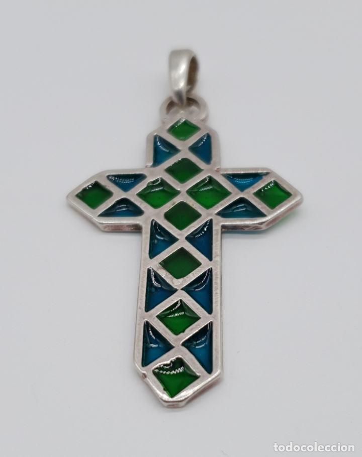 Antigüedades: Original cruz antigua en plata de ley contrastada, y esmalte simulando cristalera gótica . - Foto 3 - 177868487