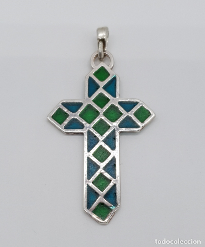 Antigüedades: Original cruz antigua en plata de ley contrastada, y esmalte simulando cristalera gótica . - Foto 5 - 177868487