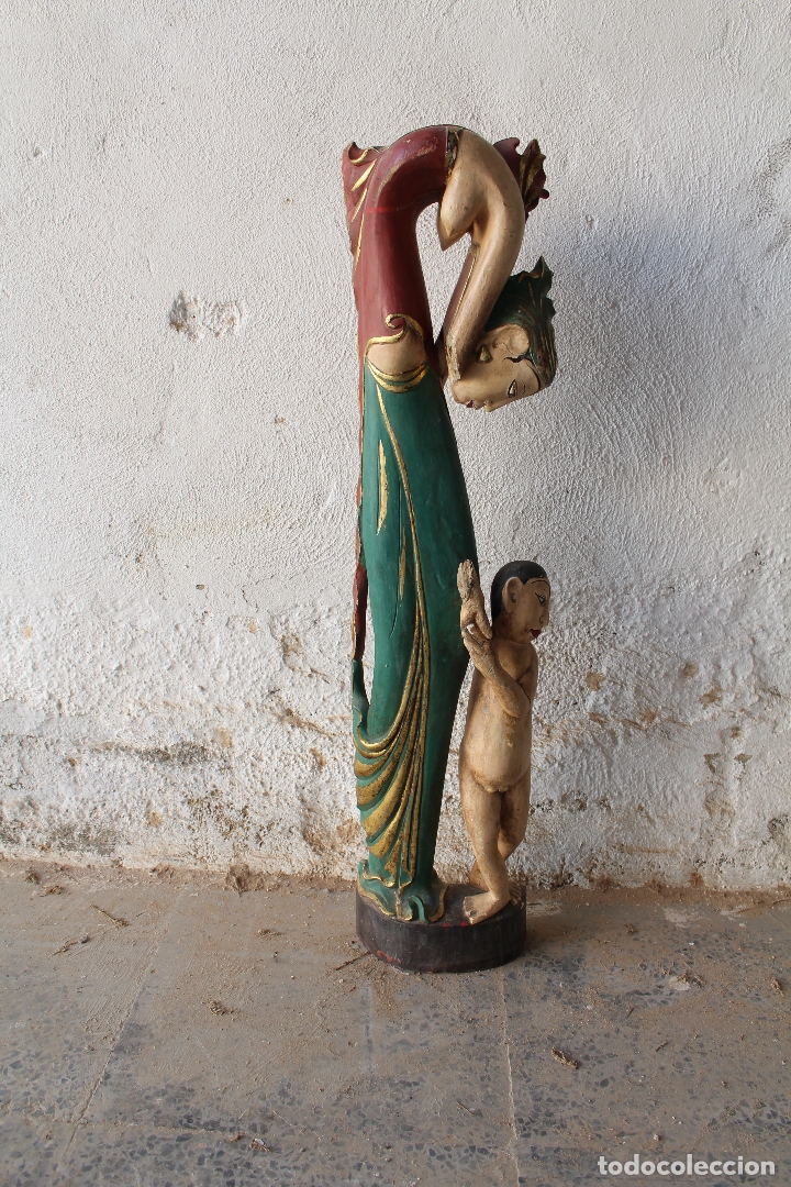 Antig&uuml;edades: talla de madera mujer con ni&ntilde;o - Foto 4