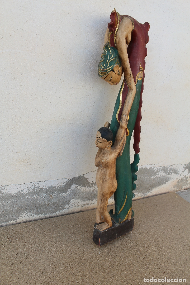 Antig&uuml;edades: talla de madera mujer con ni&ntilde;o - Foto 5