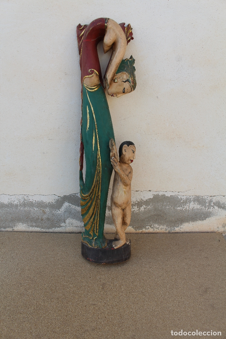 Antig&uuml;edades: talla de madera mujer con ni&ntilde;o - Foto 7