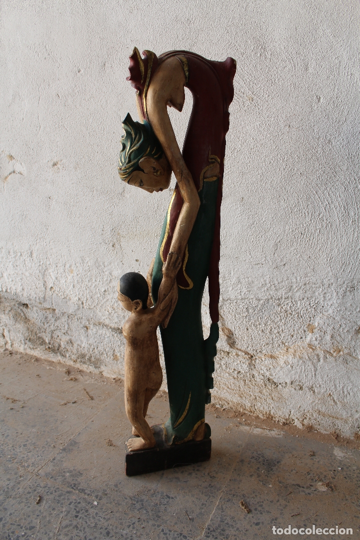 Antig&uuml;edades: talla de madera mujer con ni&ntilde;o - Foto 8