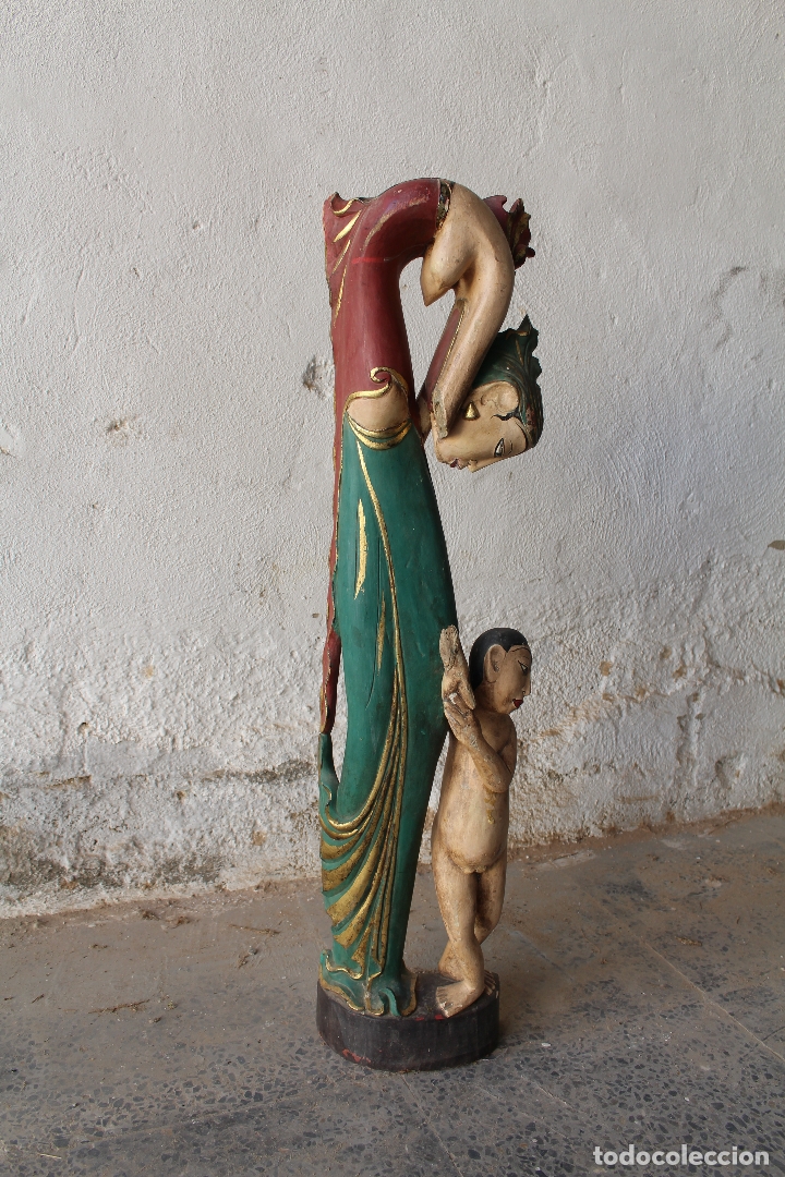 Antig&uuml;edades: talla de madera mujer con ni&ntilde;o - Foto 9