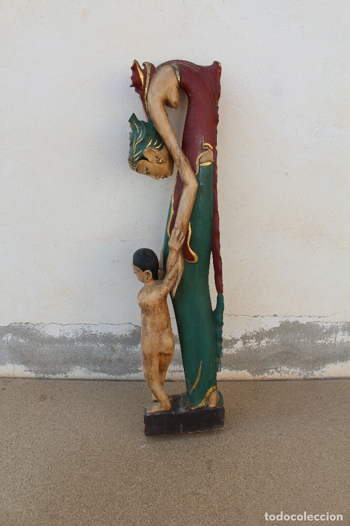 Antig&uuml;edades: talla de madera mujer con ni&ntilde;o - Foto 1