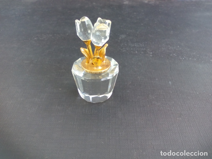 Antiquit&auml;ten: FLORERO O TIESTO CON FLORES, MACETA TULIPANES DE MINIATURA DE CRISTAL, CON DETALLES DORADOS