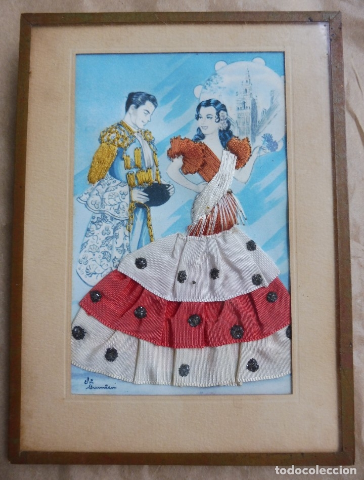 Oggetti Antichi: CUADRO CON ESTAMPA FOLKL&Oacute;RICA - BORDADA RELIEVE - A&Ntilde;OS 60