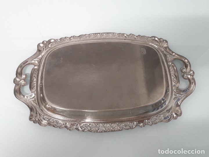 Antig&uuml;edades: ANTIGUA BANDEJA DE ALPACA - RECTANGULAR - CON DOS ASAS - DECORADA CON FLORES - Foto 2