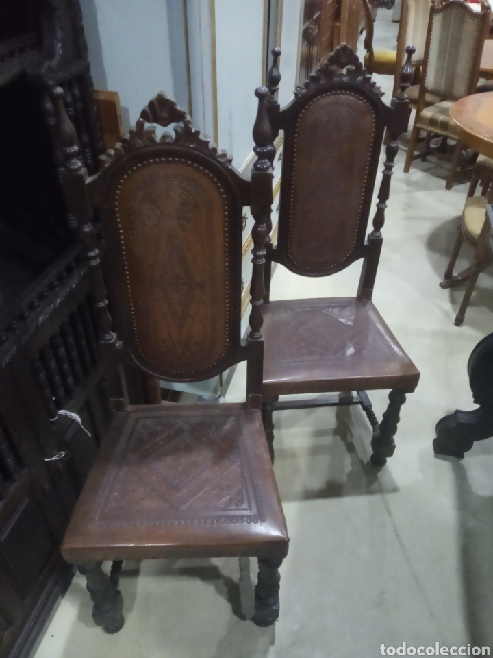 Antig&uuml;edades: Silla cuero repujado madera de casta&ntilde;o - Foto 3