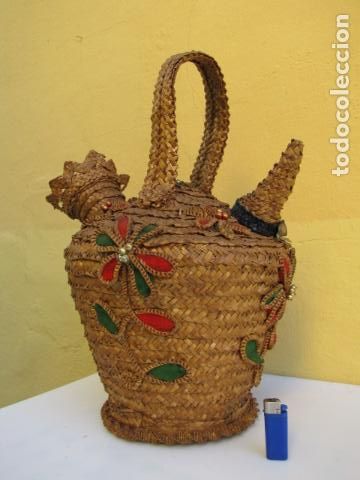 Antiguidades: Enorme botijo tejido &iacute;ntegramente en hoja de palma o palmito. Arte popular. Marina alta Alicante
