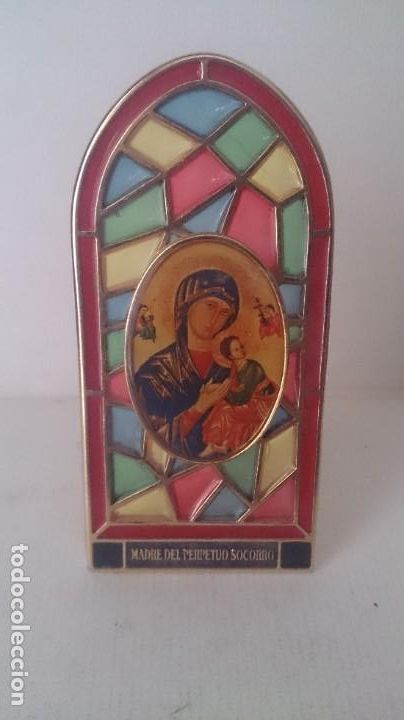 Antig&uuml;edades: MADRE DEL PERPETUO SOCORRO metal y cristal 10x5 ctms
