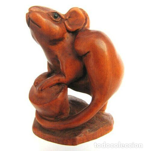 Antig&uuml;edades: Netsuke japones de madera, Raton con moneda - Foto 4