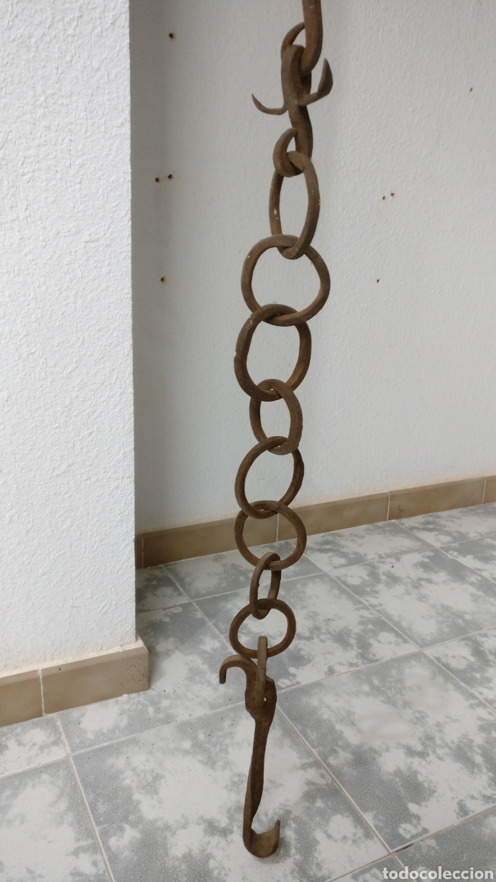 Antiquit&eacute;s: Largo cremallo llar cremallera cadena en hierro de forja colgador de ollas calderos 193 cm, chimenea