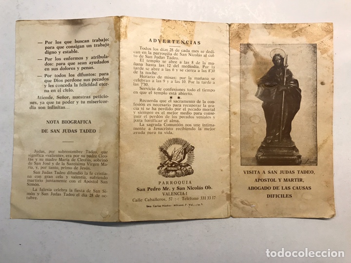 Antiquit&auml;ten: VISITA SAN JUDAS TADEO. Triptico. Oracion, Preces.. Parroquia San Pedro M&aacute;rtir, Valencia (h.1940?)