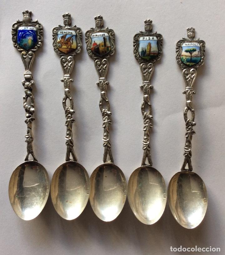 Antigüedades: Conjunto de 5 cucharillas de plata y esmalte -Ciudades Italianas - Foto 2 - 190762082