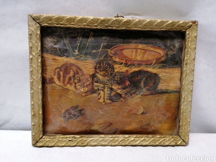 Antig&uuml;edades: Marco y l&aacute;mina gatos - Foto 1