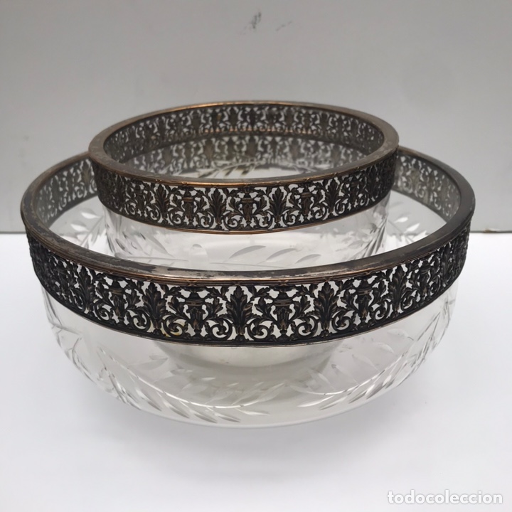 Antiguidades: JUEGO DE BOWLS ,FRUTEROS , CRISTAL TALLADO Y ORLA DE METAL
