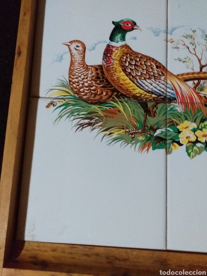 Antig&uuml;edades: BANDEJA MADERA CON AZULEJOS FAISANES - Foto 6