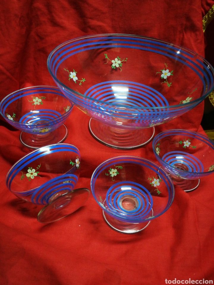 Antig&uuml;edades: ANTIGUO JUEGO DE PONCHE EN CRISTAL FINO PINTADO A MANO DETALLES FLORALES. 20-9CM.