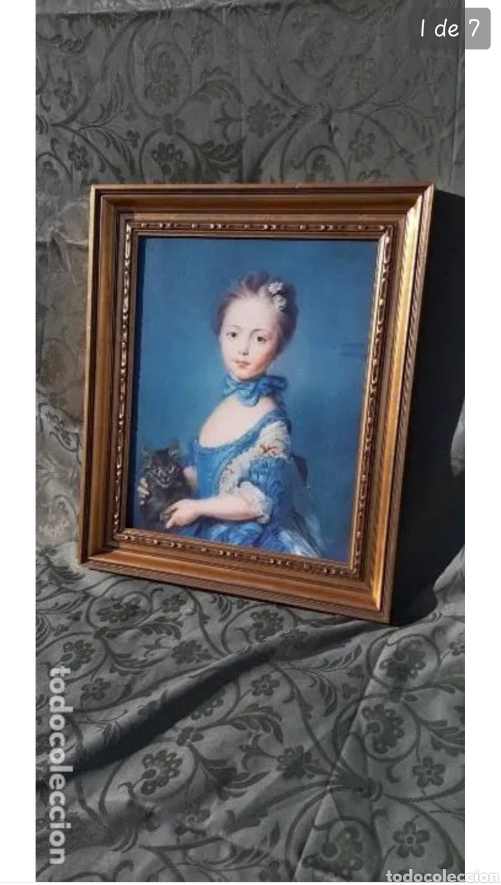 Antiques: Antig&uuml;o cuadro impresi&oacute;n sobre lienzo de ni&ntilde;a con gato