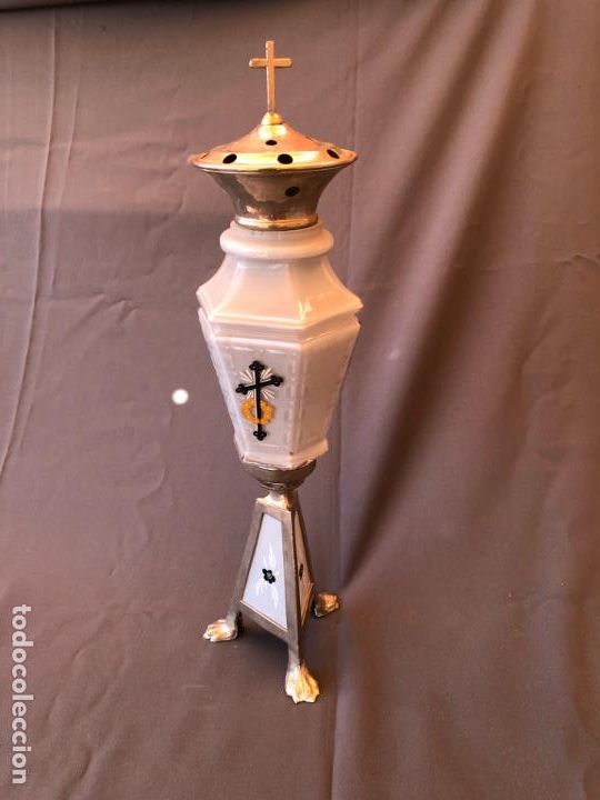 Antig&uuml;edades: ANTIGUA LAMPARA VELON IGLESIA VELATORIO ART DECO CRISTAL DECORADO Y METAL