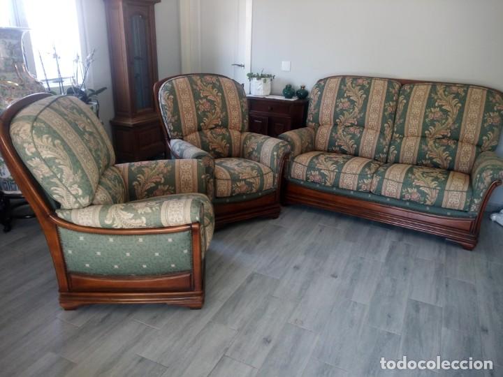 Antigüedades: Conjunto de sofá y 2 sillones,madera de roble y tapizado tonos verdes floral.años 40 - Foto 1 - 199670115