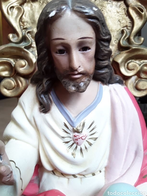 Antigüedades: Precioso Sagrado corazón de Jesús ojos de cristal,60x23cm - Foto 8 - 200525677