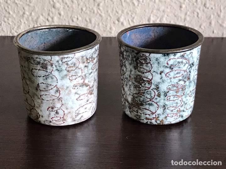 Antiquit&auml;ten: Pareja vasos esmaltados borde plata 925