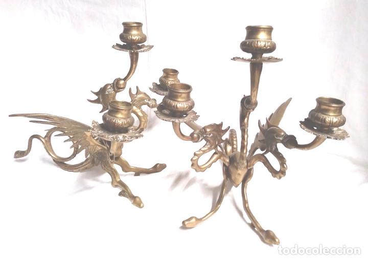 Antigüedades: Pareja Candelabros forja bronce época Modernista S XIX, Dragon Tricefalo, únicos de Colección - Foto 1 - 201946866