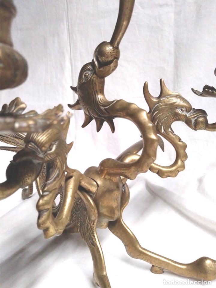 Antigüedades: Pareja Candelabros forja bronce época Modernista S XIX, Dragon Tricefalo, únicos de Colección - Foto 8 - 201946866
