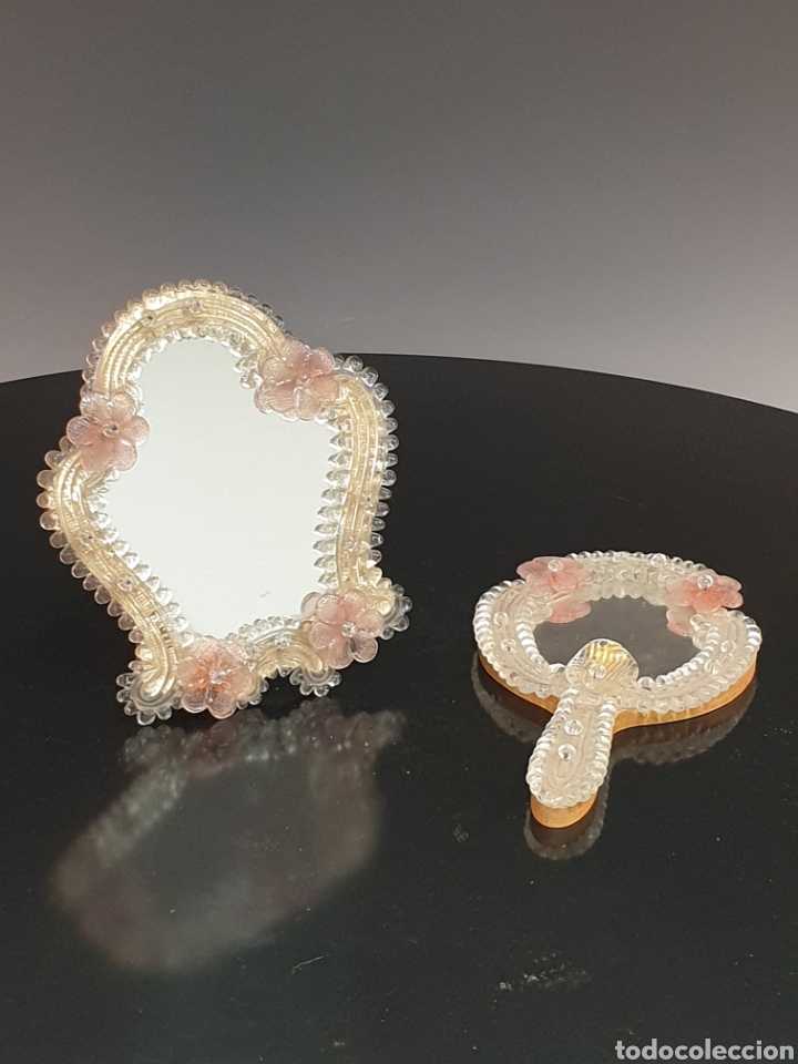 Oggetti Antichi: DOS ESPEJOS DE SOBREMESA Y MANO EN CRISTAL MURANO