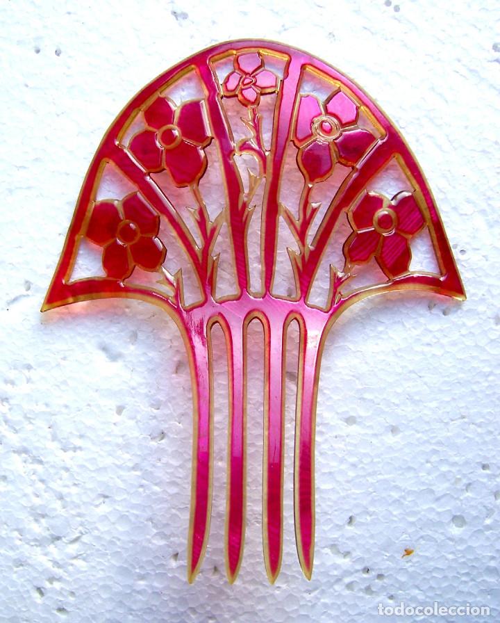 Antig&uuml;edades: Peineta en forma de abanico de celuloide rosa Art Deco - Foto 1