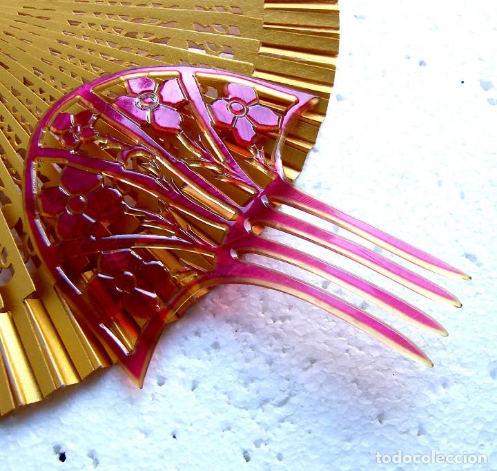 Antig&uuml;edades: Peineta en forma de abanico de celuloide rosa Art Deco - Foto 5