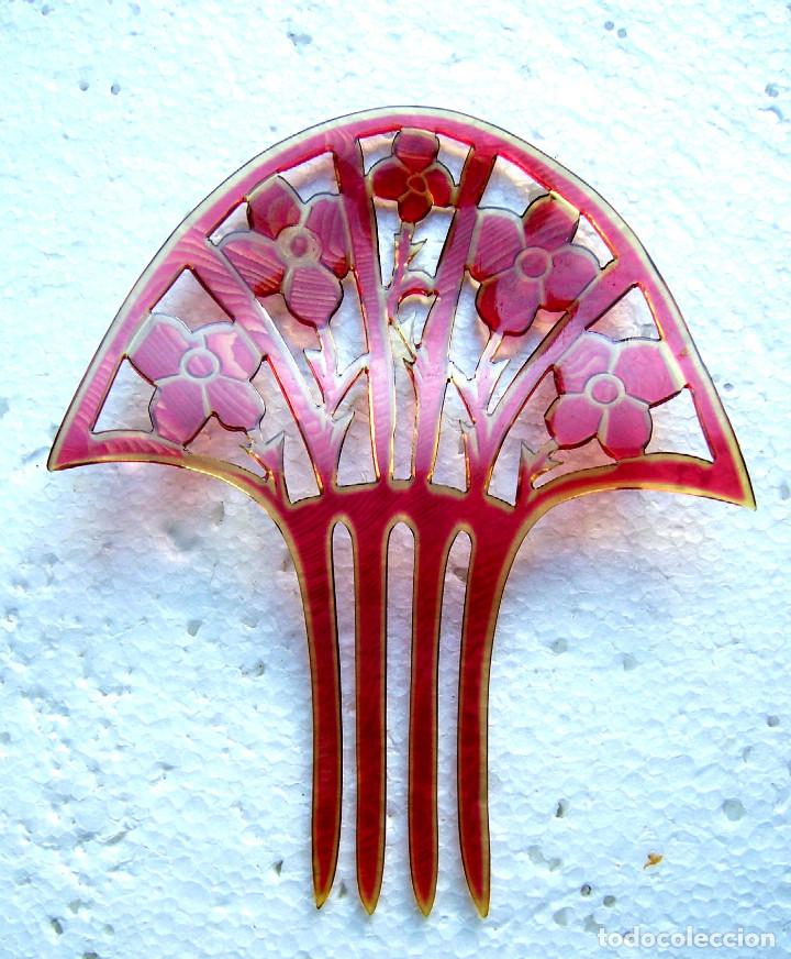 Antig&uuml;edades: Peineta en forma de abanico de celuloide rosa Art Deco - Foto 6