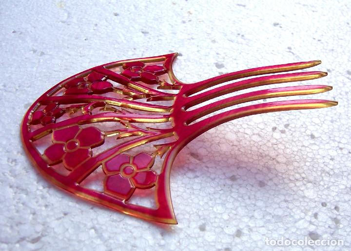 Antig&uuml;edades: Peineta en forma de abanico de celuloide rosa Art Deco - Foto 7